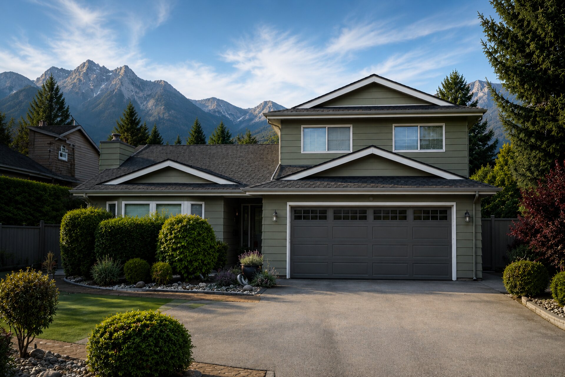 Two-storey Vancouver home with a two-car garage, mountains behind